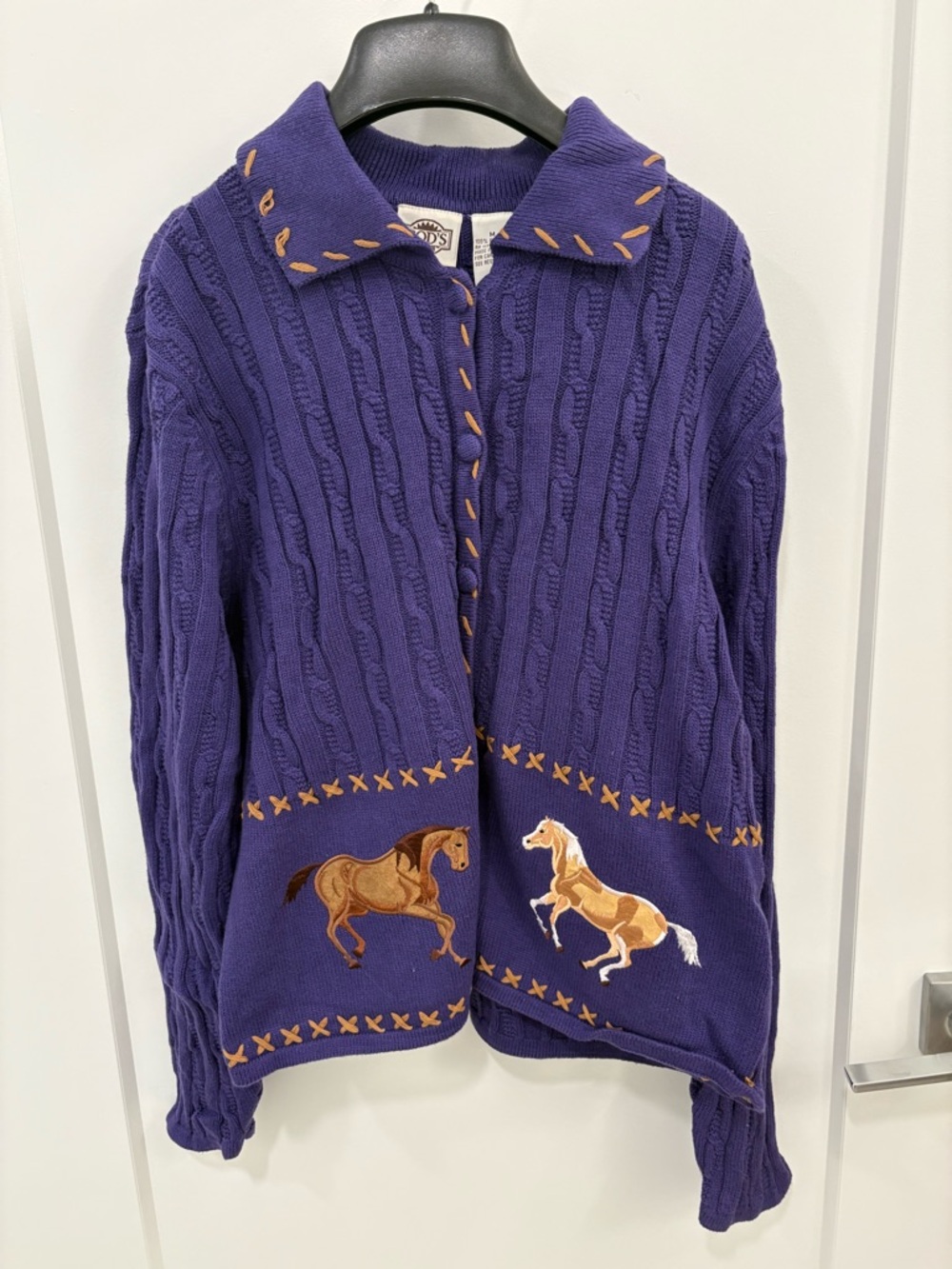 Vintage 90s Rod's Western Purple Cotton Cable Knit Equestrian Cardigan Sz Medium
